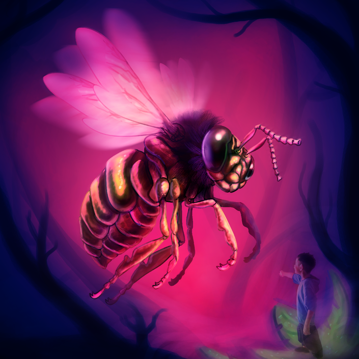 Illustration of a little boy meeting a giant bee