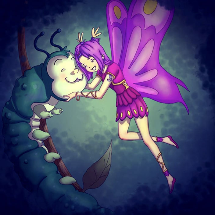 illustration of a fairy hugging a friendly caterpillar