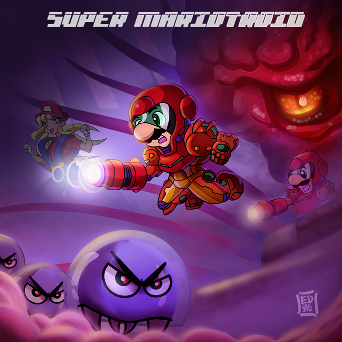 game illustration featuring Mario in Metroid franchise