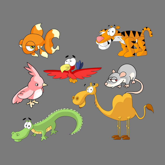 Vector drawings of various cartoon animals